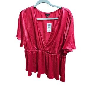 Torrid Red Blouse Top Plus‎ Size 2 V Neck Pleated Ruffle Sleeve Peplum